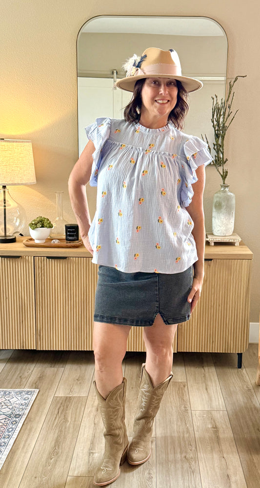Embroidered Ruffle Sleeve Blue Top