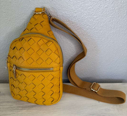 Mustard Basket Weave Crossbody Hand Bag