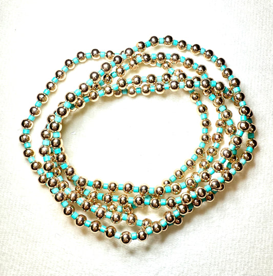 5 Strand Turquoise & Gold Stretch Bracelet Set