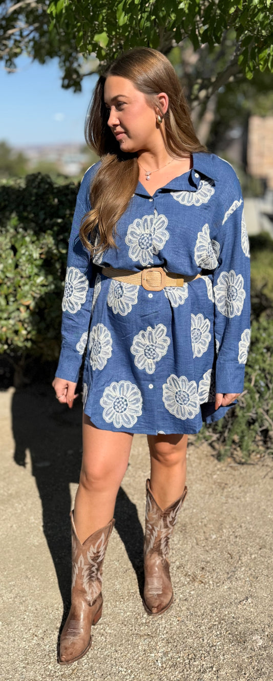 Floral Embroidered Belted Cotton Blend Midi Shirt Dress
