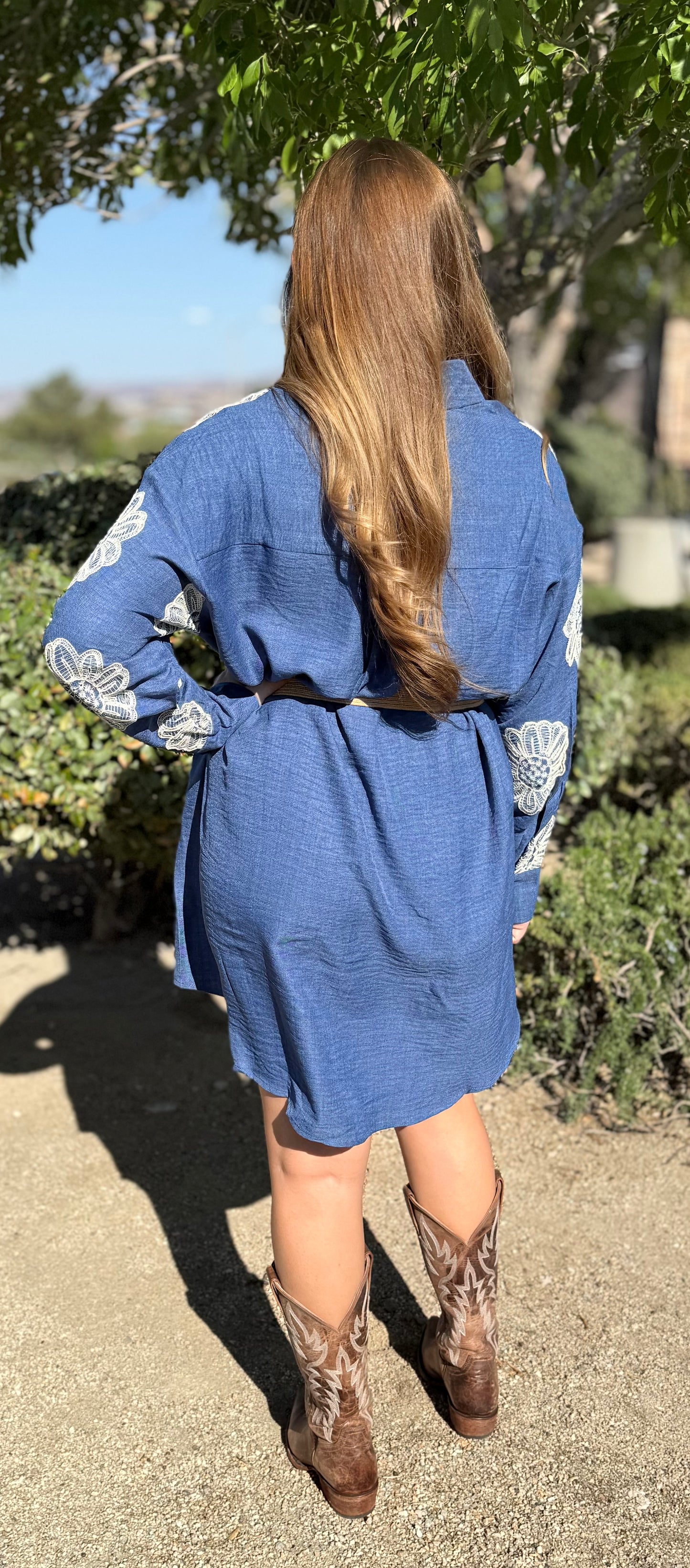 Floral Embroidered Belted Cotton Blend Midi Shirt Dress