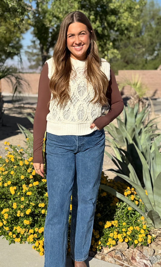 Open Knit Crew Neck Sweater Vest