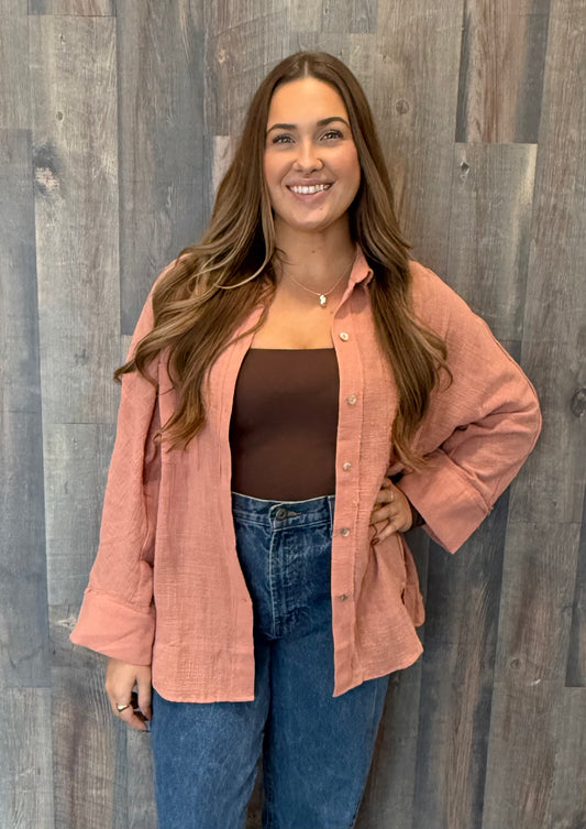 Dolman Sleeve Button Down Gauze Shirt