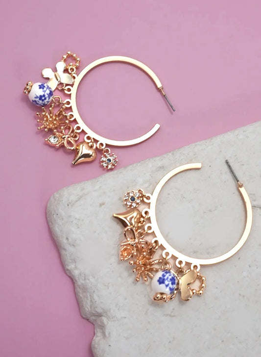 Blue Ceramic Porcelain Multi Charm Hoop Earrings