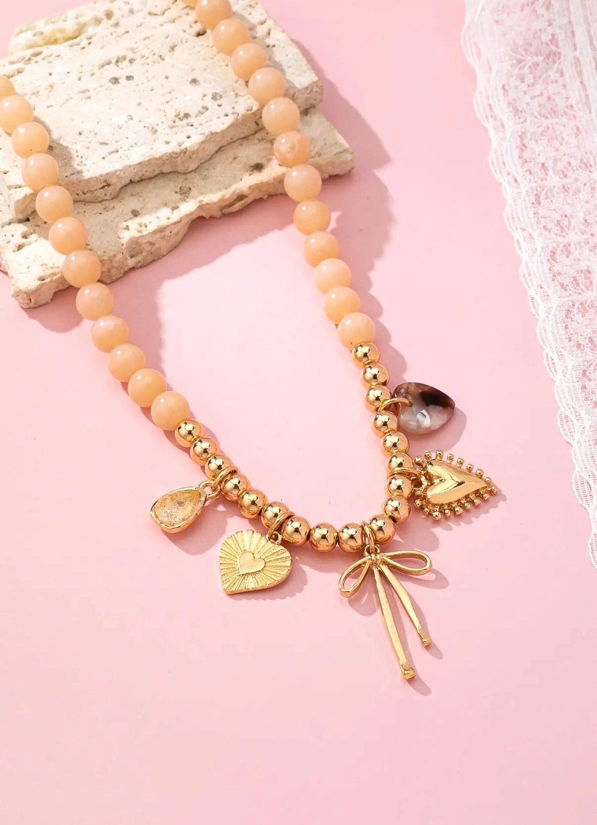 Beige Beaded Bow Heart Rhinestone Charm Necklace