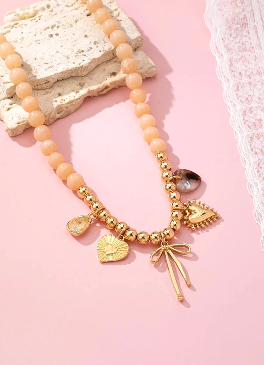 Beige Beaded Bow Heart Rhinestone Charm Necklace