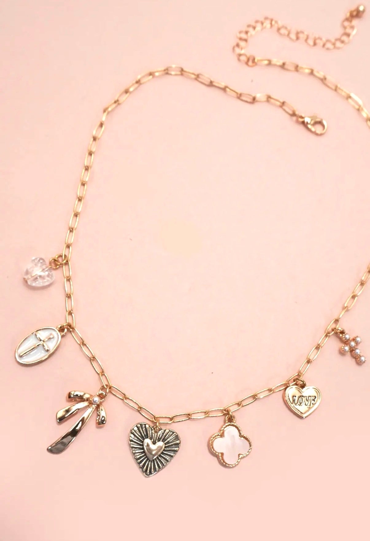 Bow, Cross & Heart Charm Necklace
