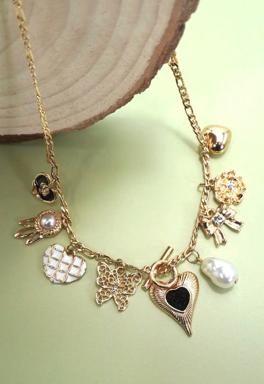 Heart, Bow & Pearl Charm Necklace