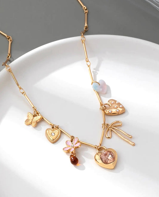 Charm Necklace / Hearts Flower Bow Butterfly
