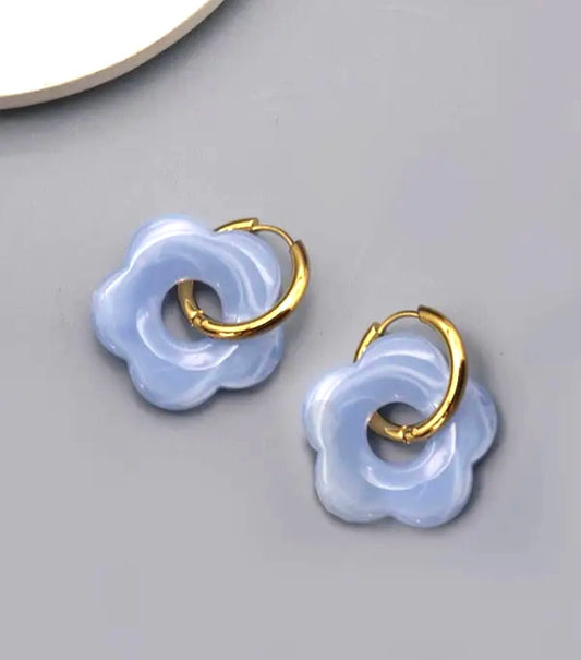 Blue or Pink Flower Charm Huggie Hoop Earrings