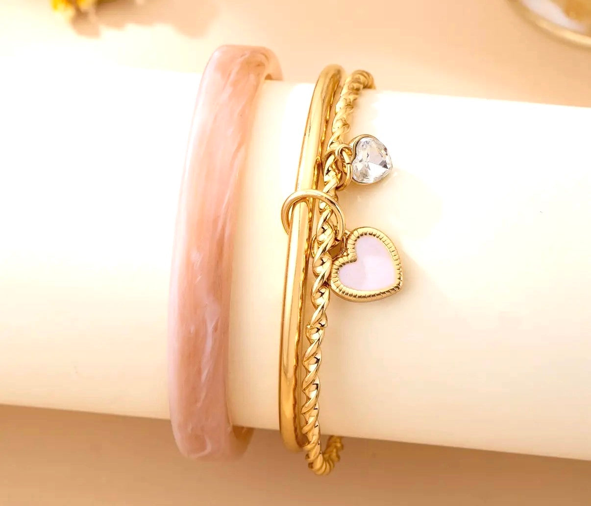 Gold and Acrylic Heart Charm Multi Bangle Set