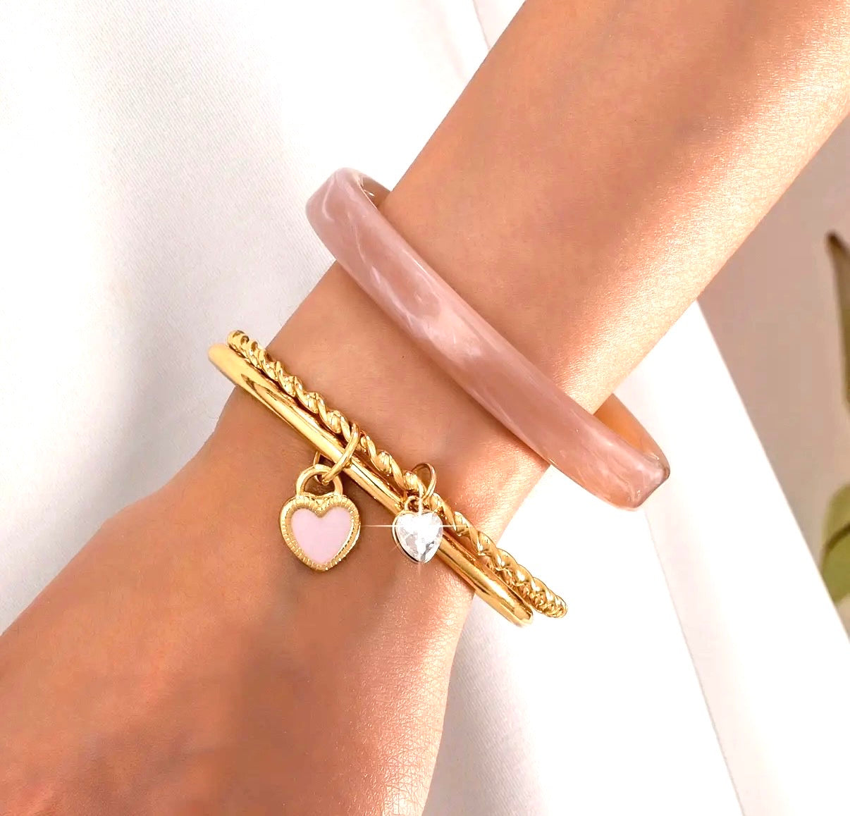 Gold and Acrylic Heart Charm Multi Bangle Set