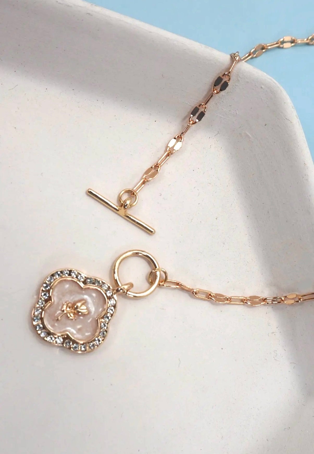 Rhinestone Rose Flower Pearl Charm Necklace