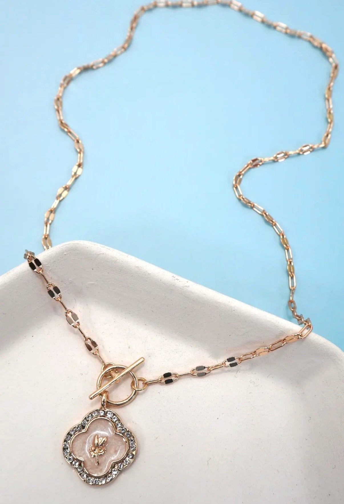 Rhinestone Rose Flower Pearl Charm Necklace