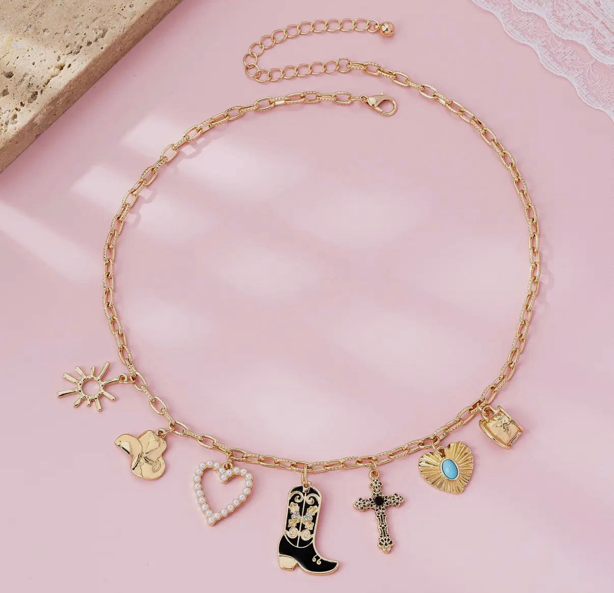 Western Boot Cross Heart Charm Necklace