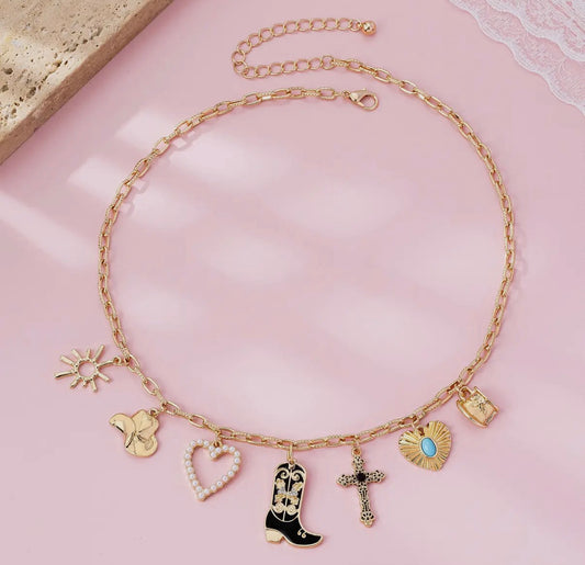 Western Boot Cross Heart Charm Necklace