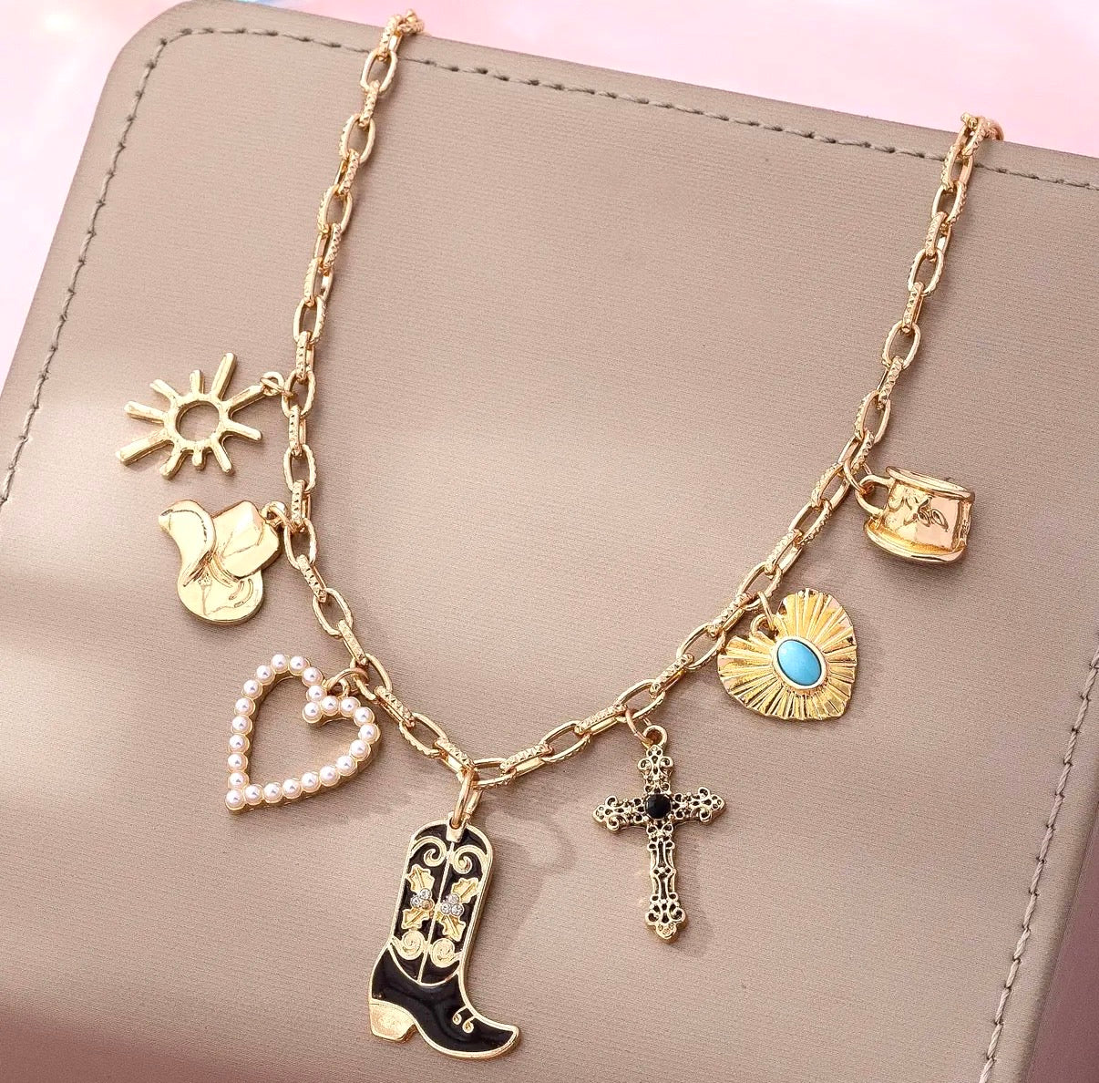 Western Boot Cross Heart Charm Necklace