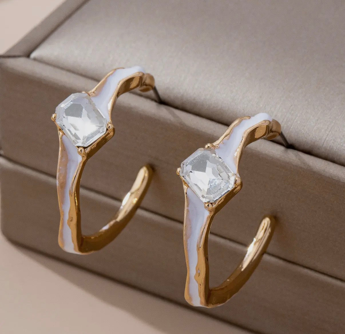 White Enamel & Crystal Gold Hoop Earrings