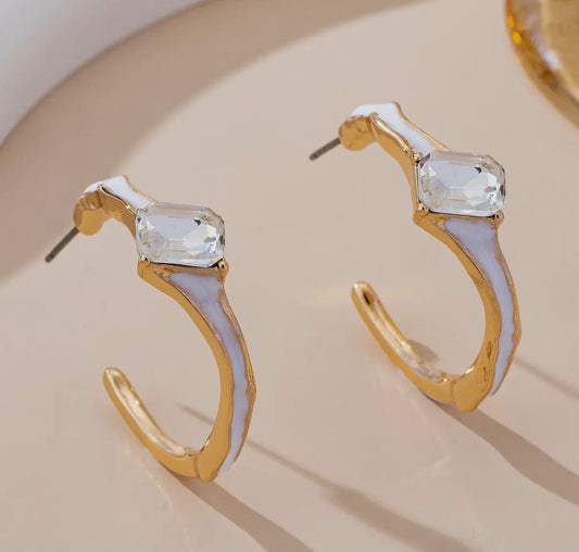 White Enamel & Crystal Gold Hoop Earrings