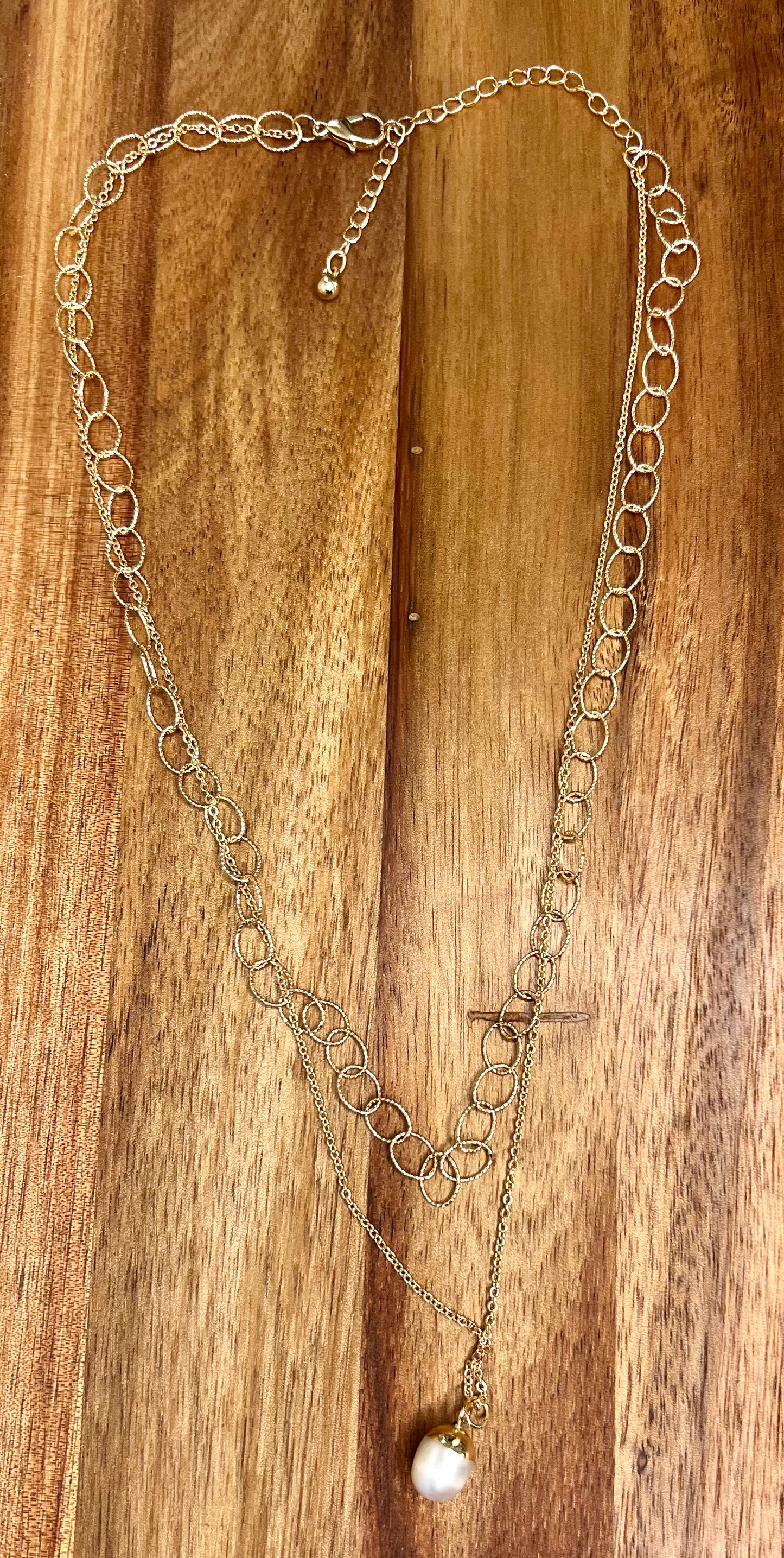 Pearl Drop Two Strand Gold  Chain Necklace