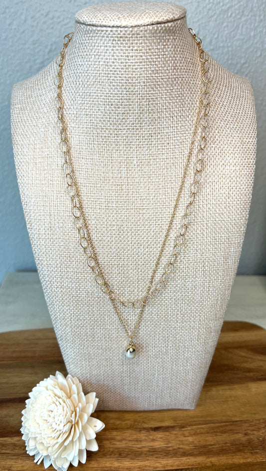 Pearl Drop Two Strand Gold  Chain Necklace