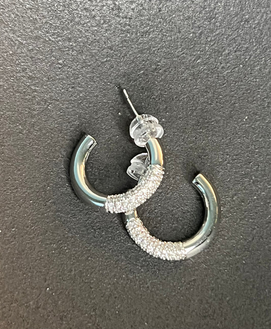 White Gold Dipped Silver Hoop Earrings w/Bling