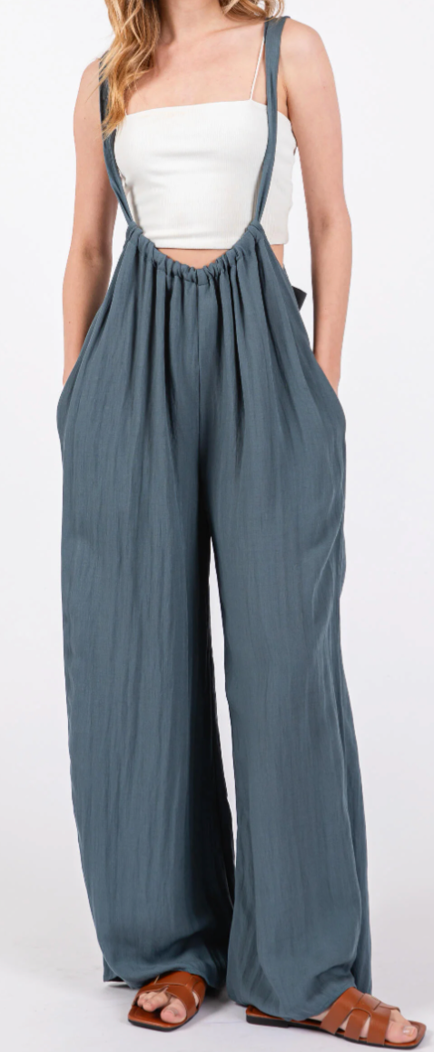 Slate Colored Washed Suspender-Style Jumpsuit