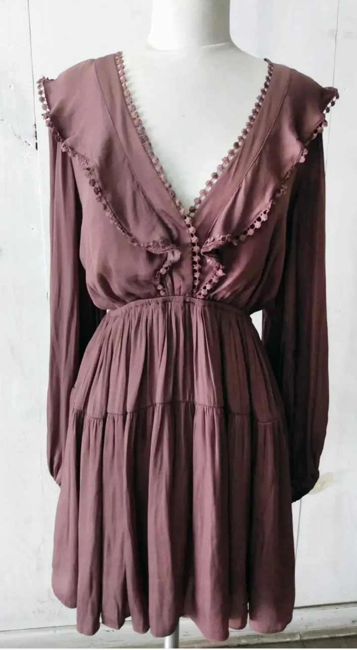 Boho Satin Mini Dress Mauve Lace Up Dress