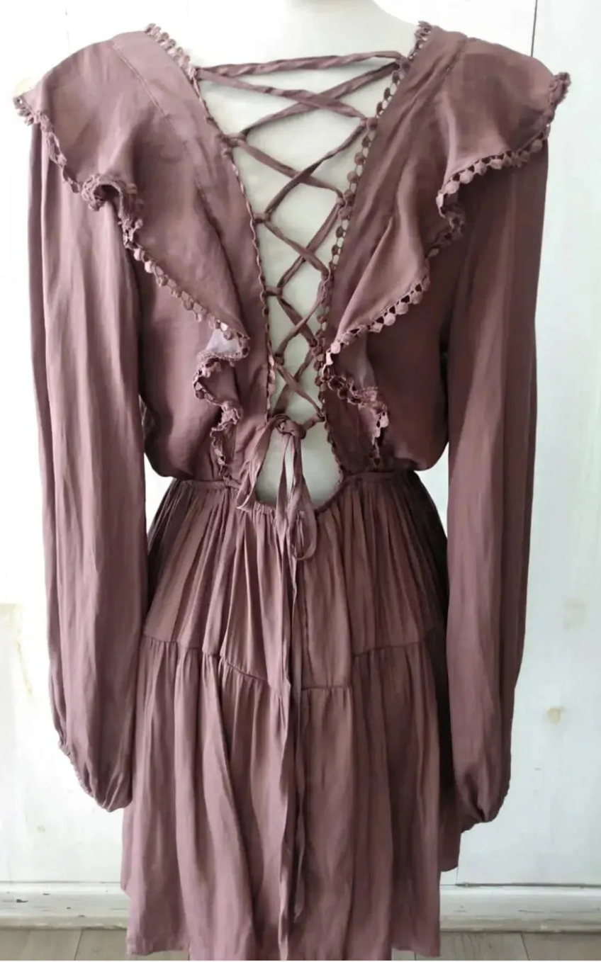 Boho Satin Mini Dress Mauve Lace Up Dress