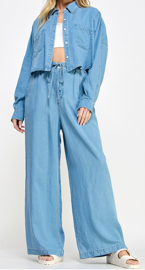 Wide Legged Jean Pant Set With A Cropped Button- Up Top