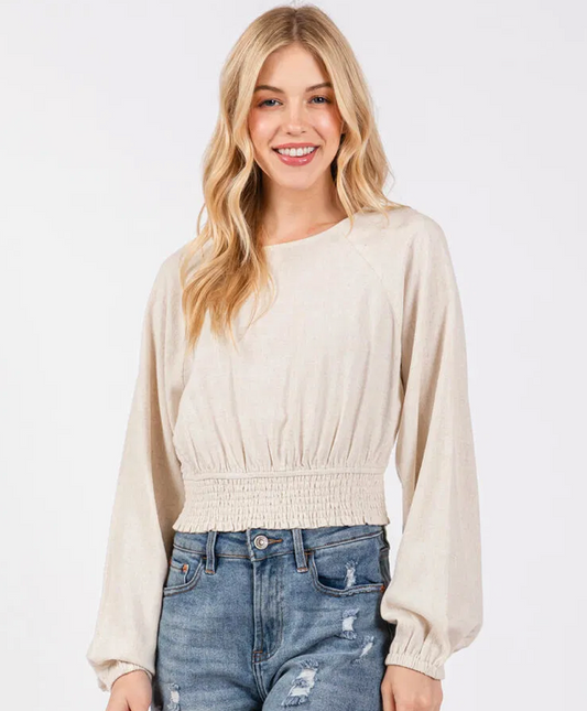 WINTER OATMEAL, BUBBLE LONG SLEEVE WAIST SMOCKED CROP TOP.