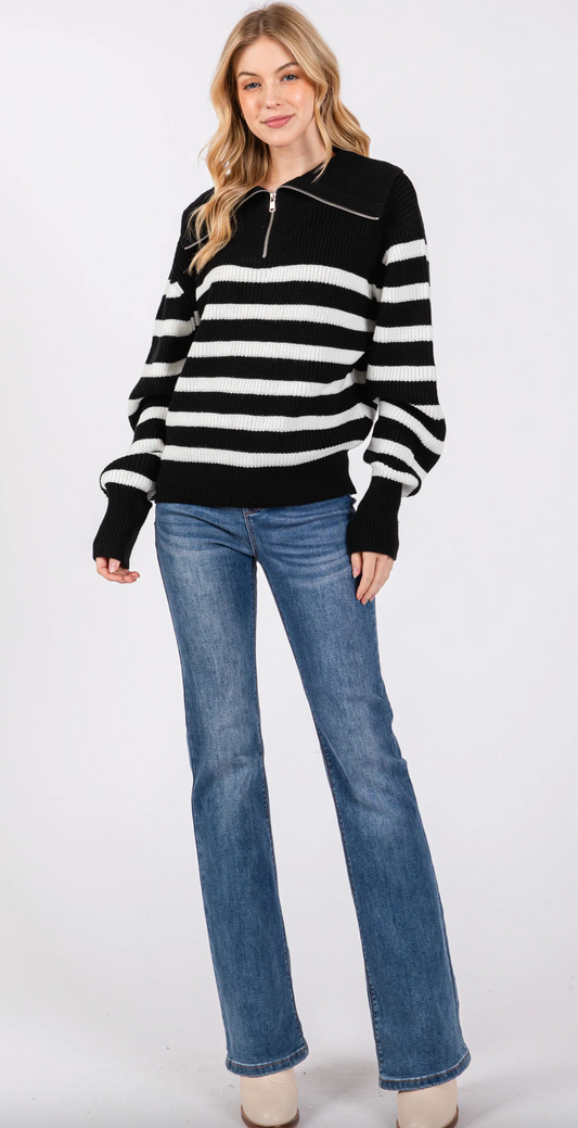 FUNNEL NECK HALF ZIP STRIPE SWEATER