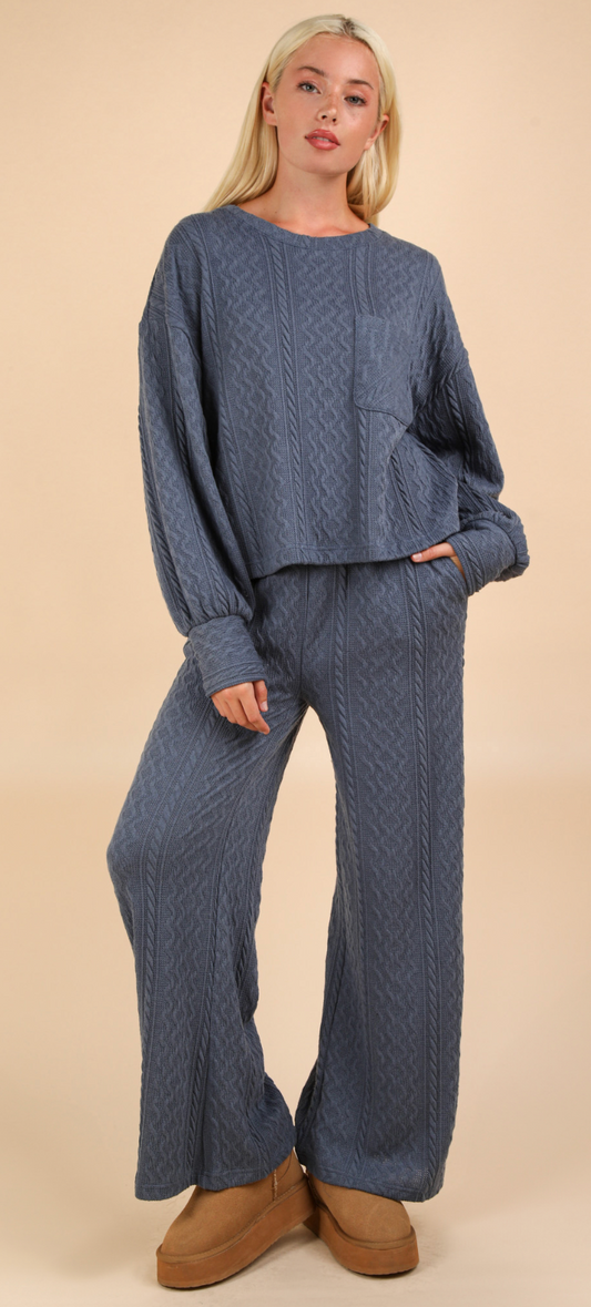 Denim Colored Oversized Cable Knit Loungewear Top & Pant Set