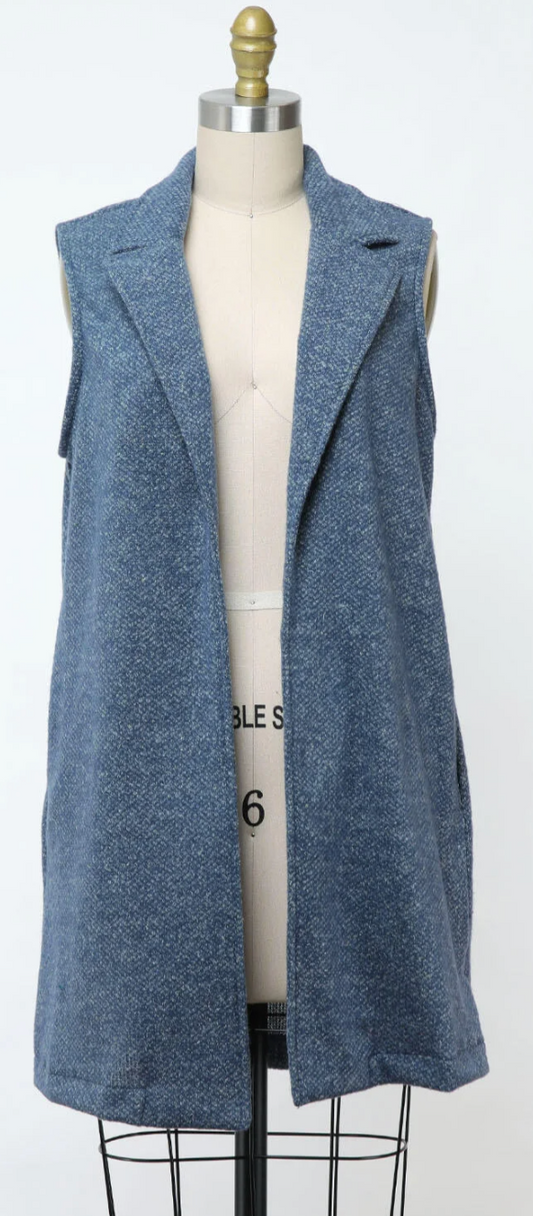 BRUSHED KNIT SLEEVELESS OPEN FRONT BLUE CARDIGAN