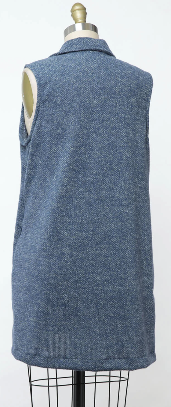 BRUSHED KNIT SLEEVELESS OPEN FRONT BLUE CARDIGAN