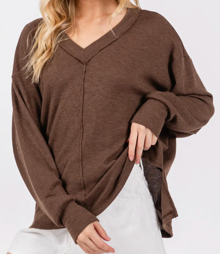 THERMAL V-NECK LONG SLEEVE OVER SIZE TOP.