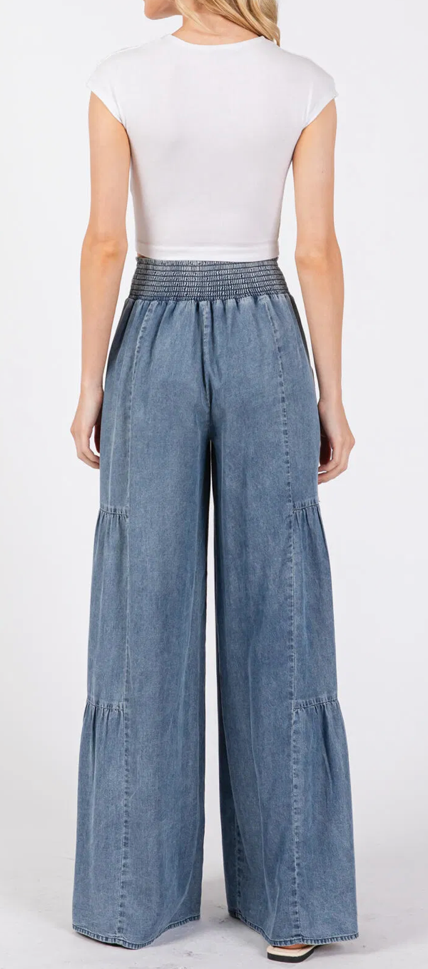 DENIM TENCEL SMOCKED WAIST SIDE TIERED DETAIL WIDE LEG PANTS.