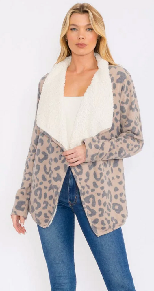 LONG SLEEVES OPEN FRONT POCKETS ANIMAL PRINT SHERPA CARDIGAN