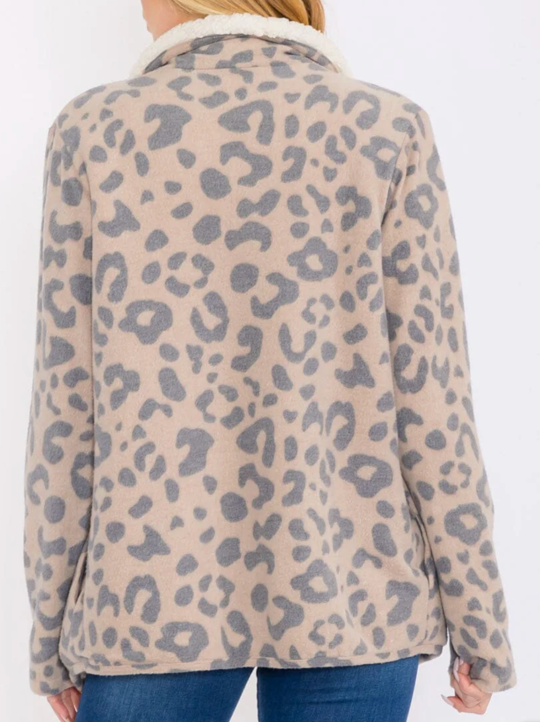 LONG SLEEVES OPEN FRONT POCKETS ANIMAL PRINT SHERPA CARDIGAN