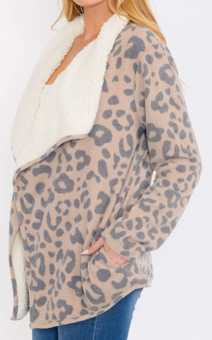 LONG SLEEVES OPEN FRONT POCKETS ANIMAL PRINT SHERPA CARDIGAN