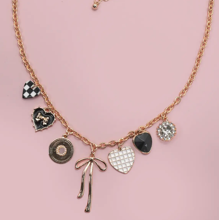 Checker Heart Charm Necklace-Bow