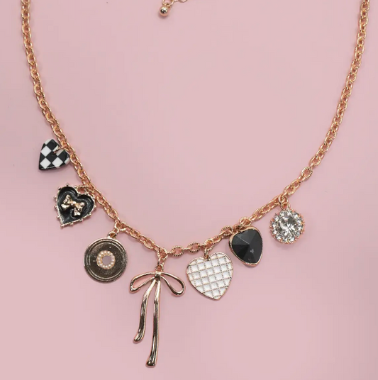 Checker Heart Charm Necklace-Bow