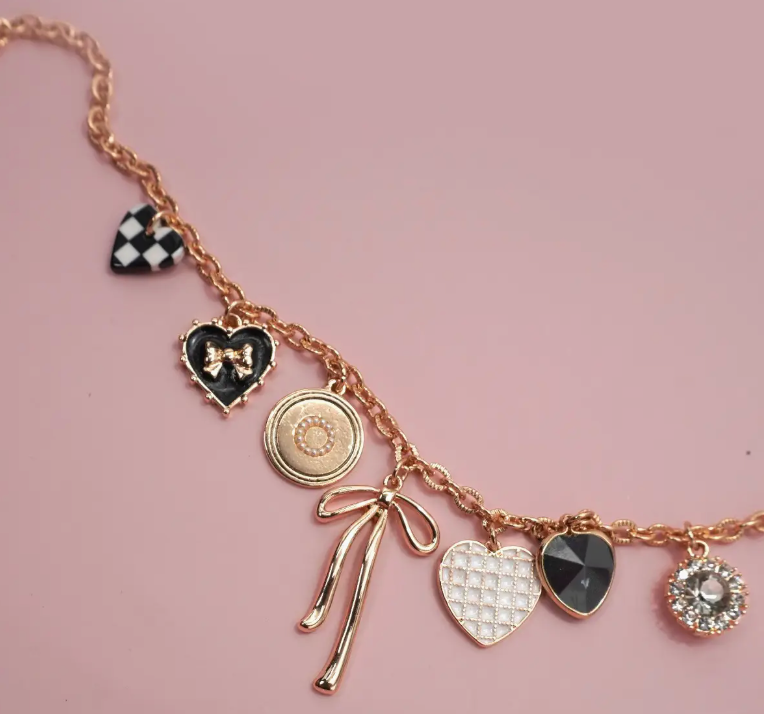 Checker Heart Charm Necklace-Bow
