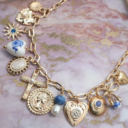 Charm Necklace-Porcelain Hearts Cross Necklace