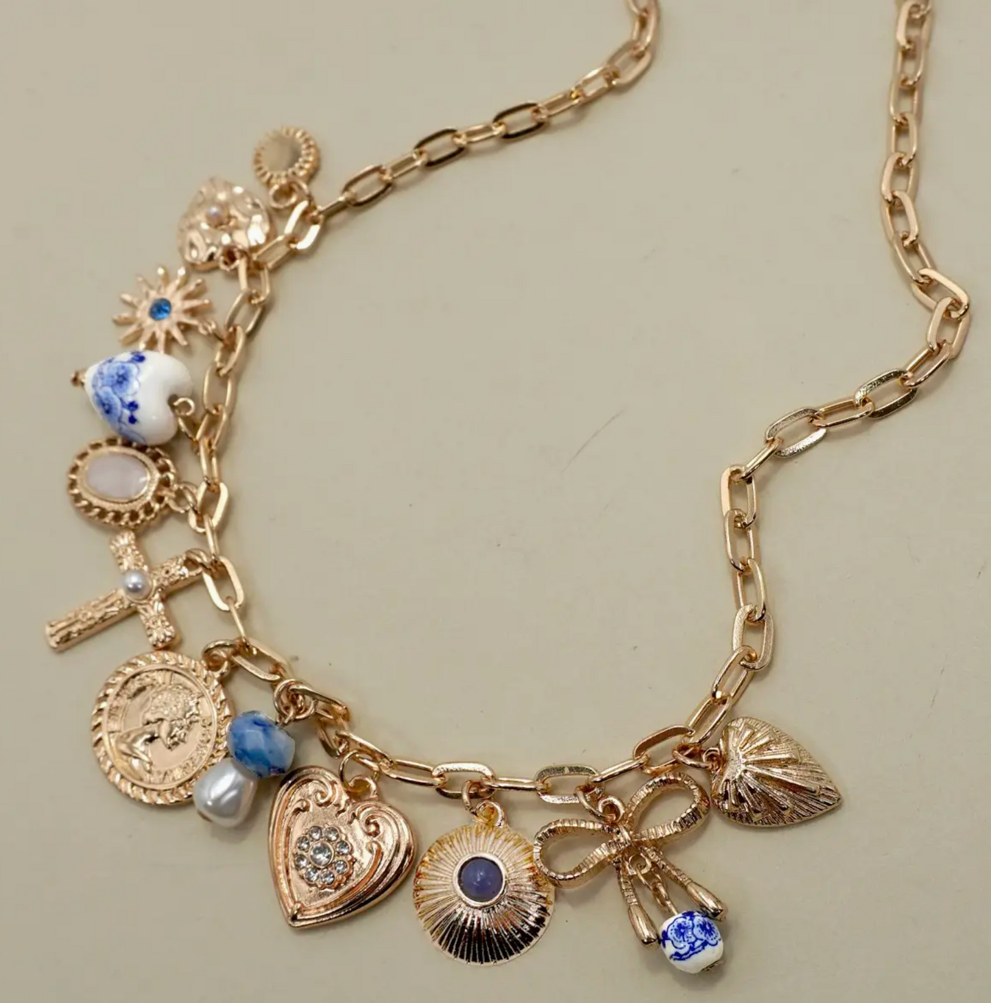 Charm Necklace-Porcelain Hearts Cross Necklace