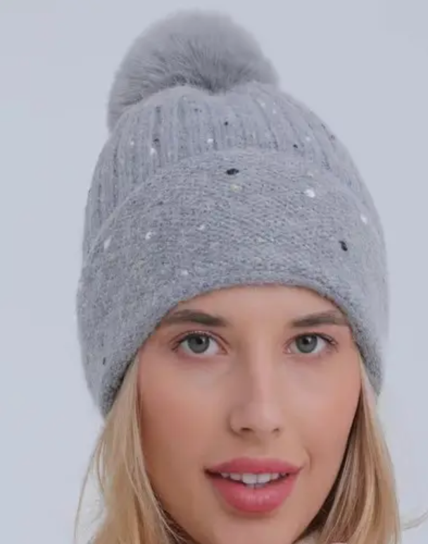 Sequin Faux Fur Pom Pom Beanie Hat