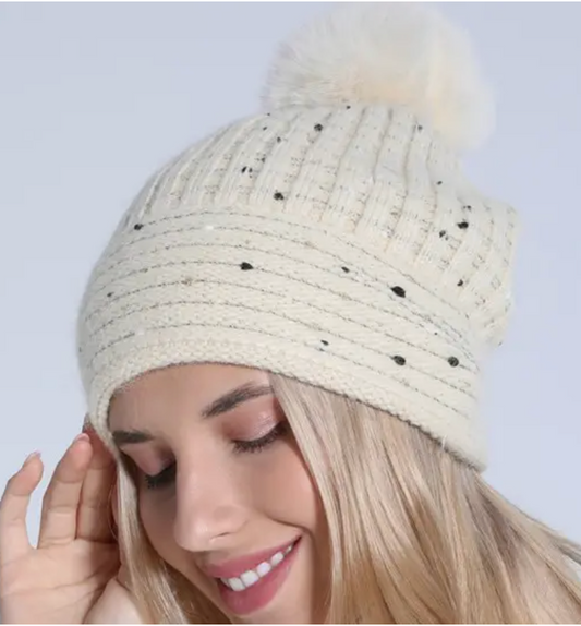 Sequin Faux Fur Pom Pom Beanie Hat