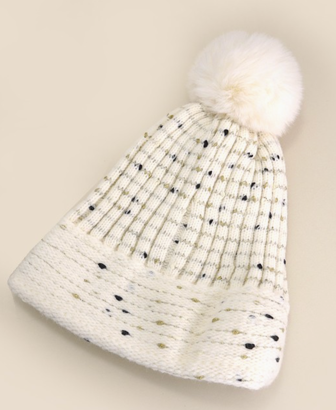 Sequin Faux Fur Pom Pom Beanie Hat