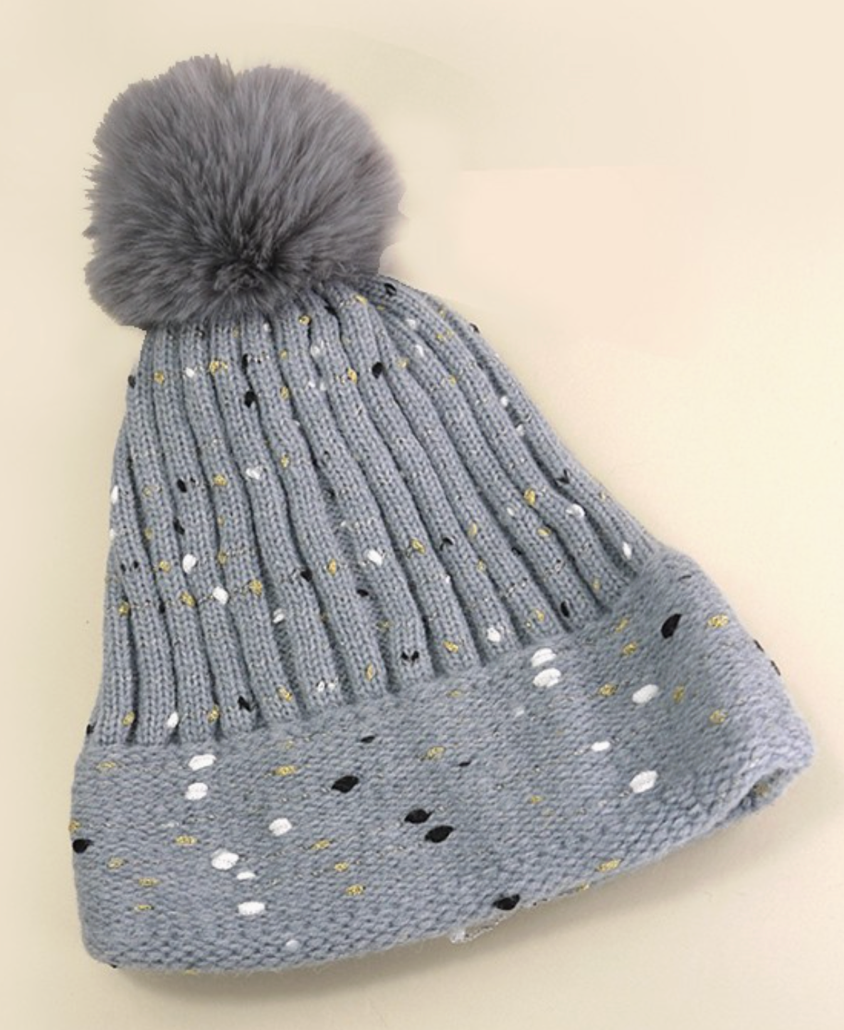 Sequin Faux Fur Pom Pom Beanie Hat