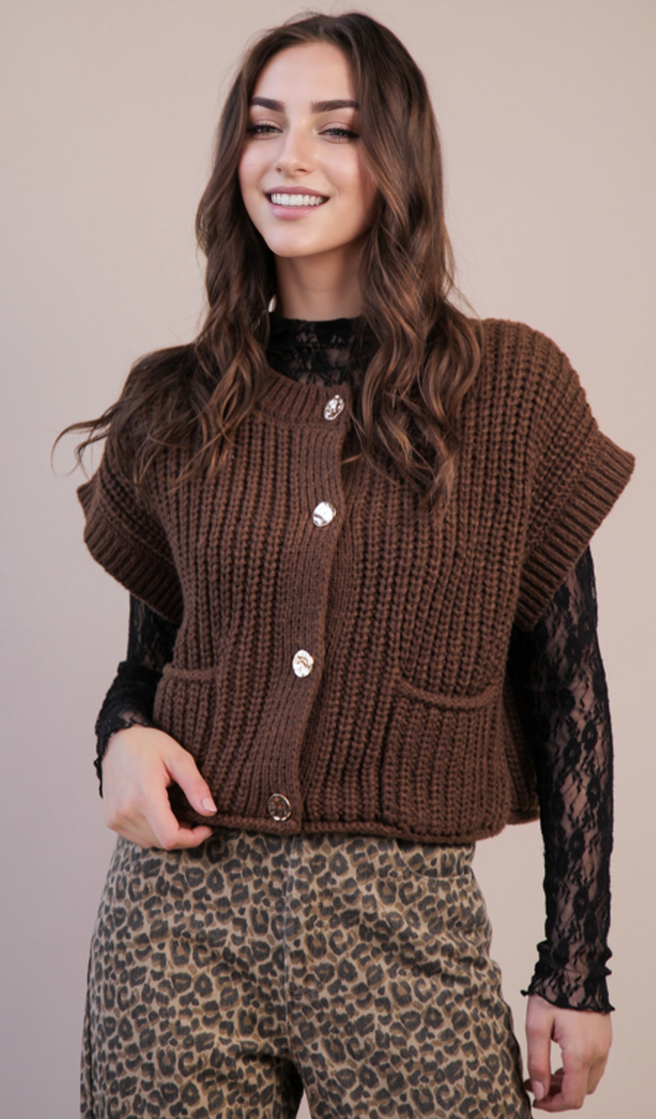 Oversized Button Down BrownKnit Sweater Vest
